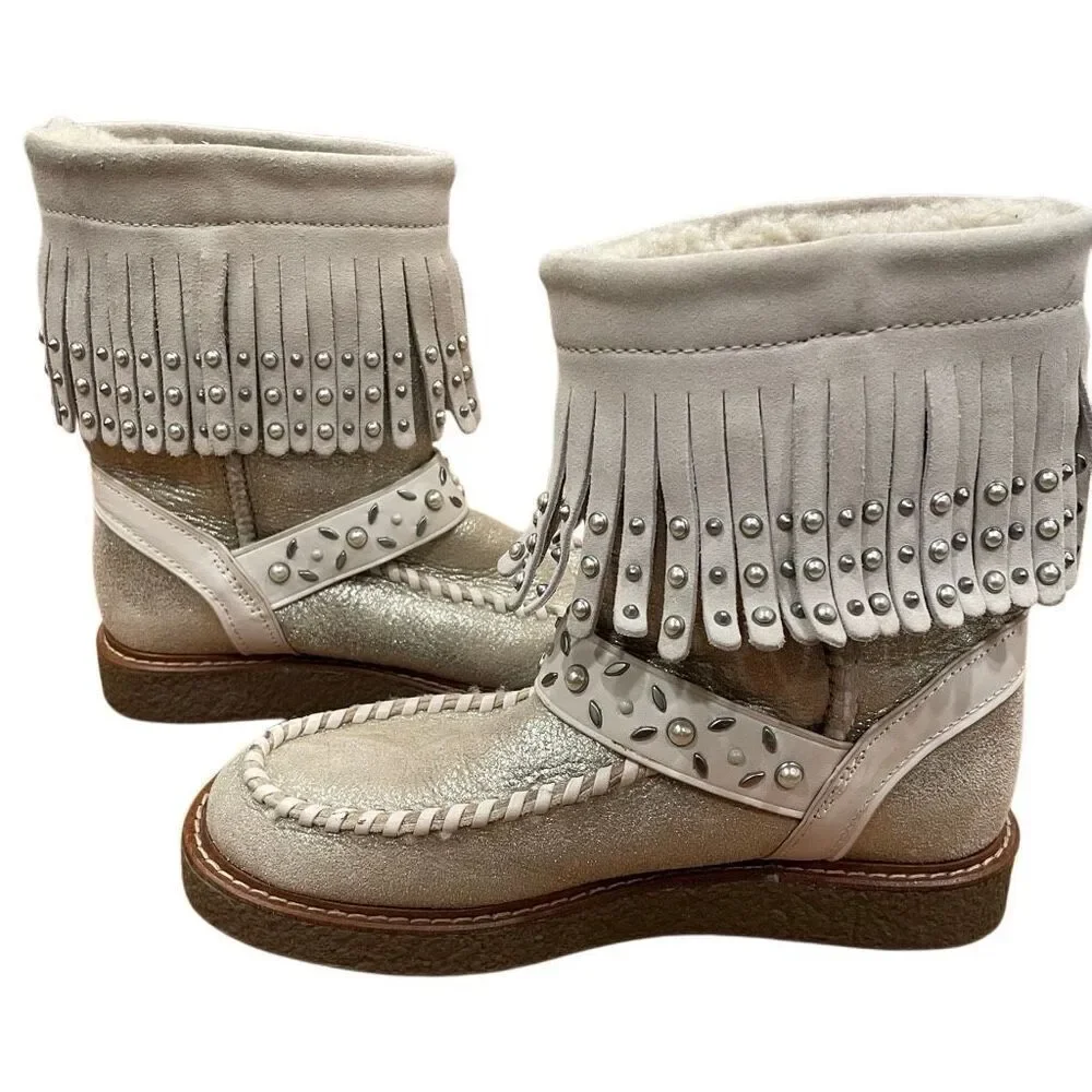 Coach Womens Roccasin Shearling Boots 6 B Fringe Studs Cowgirl Chic Apres Ski